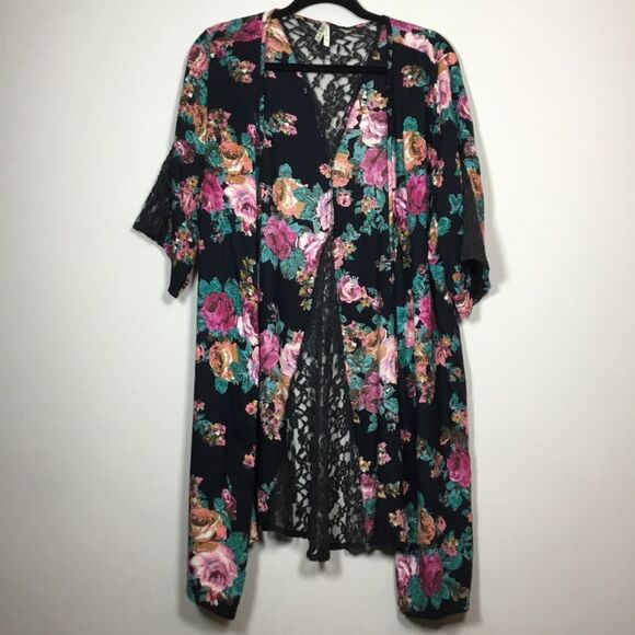 Black with flowers cover up lace floaty duster asymmetrical hem short sleeve XL - Picture 1 of 9